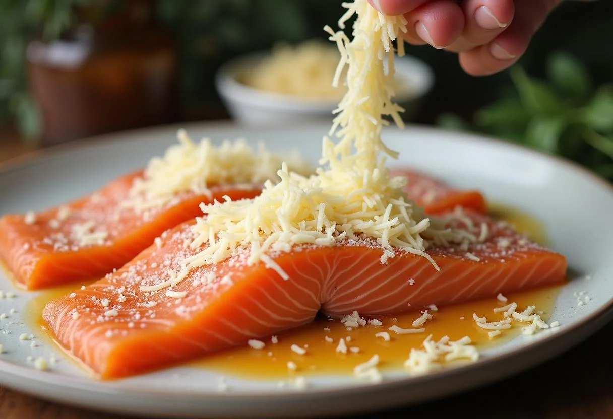Frisch gehobelter Parmesan wird über das Lachscarpaccio gestreut, um den Genuss zu steigern.