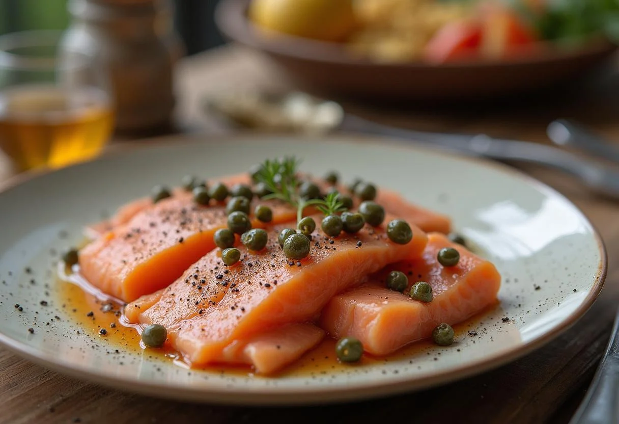 Das Lachscarpaccio wird mit Kapern und schwarzem Pfeffer garniert und auf einem rustikalen Tisch serviert.