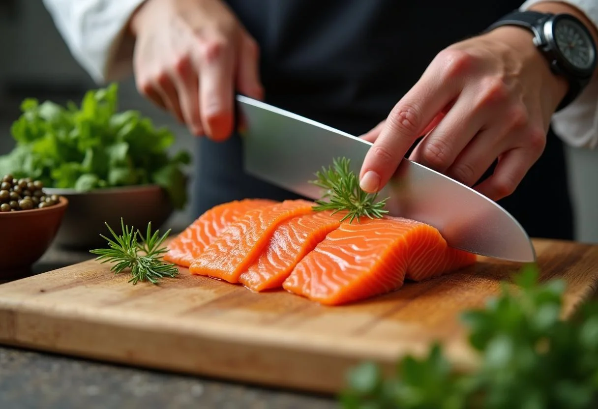 Zutaten für Lachstatar: fein gewürfelter Lachs, Kapern und frische Kräuter auf einem Holzbrett.