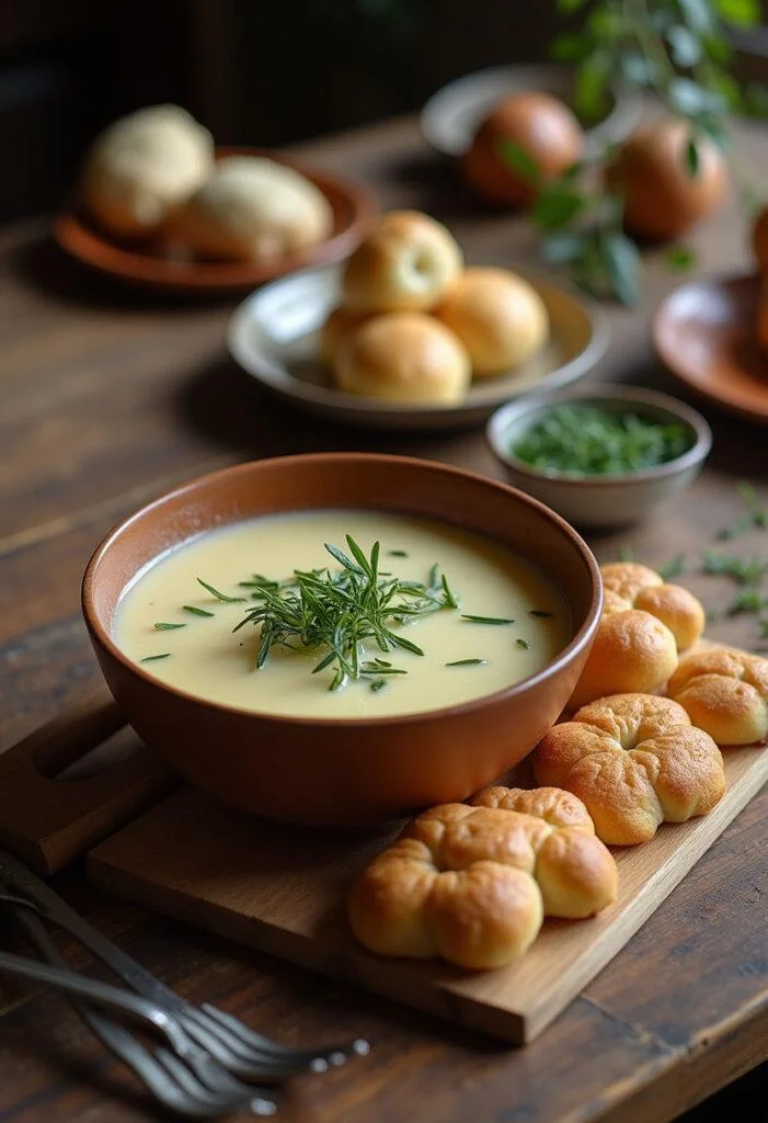 Finished Lammgulasch with knödeln served on a rustic table, perfect for a comforting dinner.