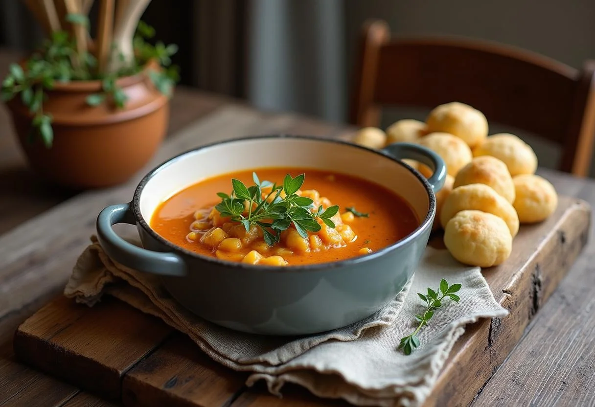 Fertiges Lammgulasch mit Knödeln auf einem Rustikalen Tisch serviert, perfekt für ein wärmendes Abendessen.