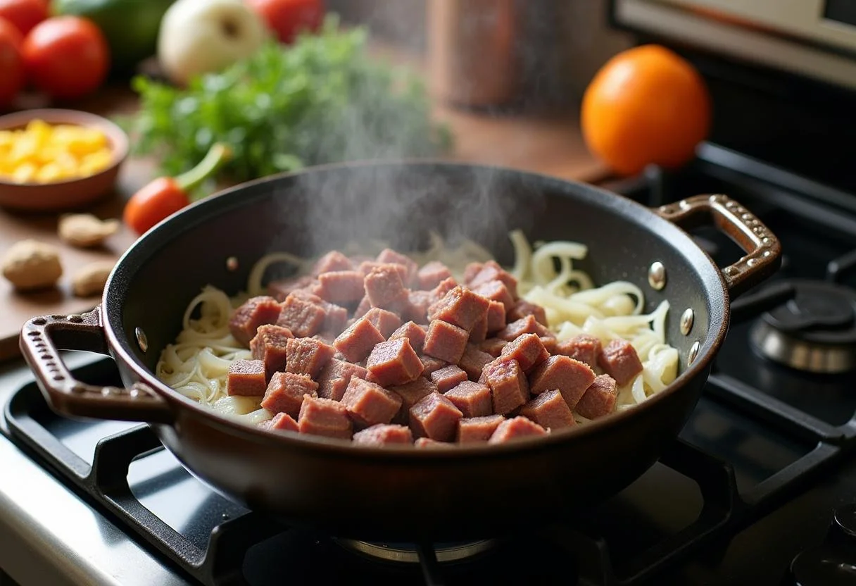 Lamm und Zwiebeln, die in einem Topf für Lammgulasch angebraten werden, mit Gemüse in der Nähe.