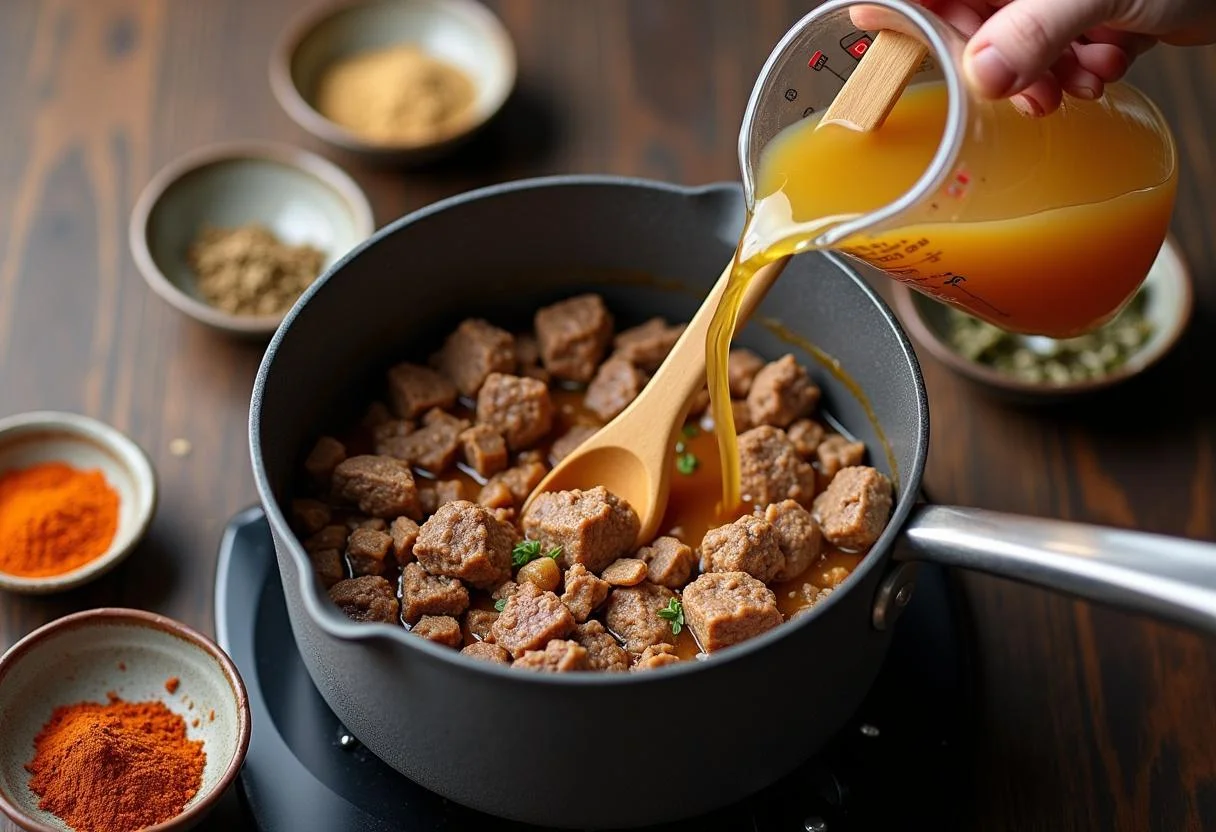 Brühe wird der Lammrezeptur für Lammgulasch hinzugefügt, wobei Gewürze sichtbar sind.