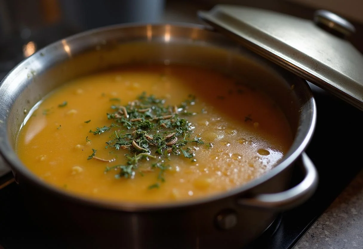 Lammgulasch köchelt in einem Topf mit Kräutern und erzeugt reichhaltige Aromen.
