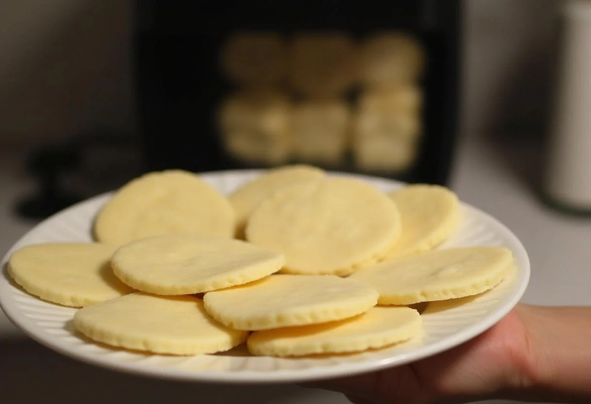 Vorbereitete Langos-Teigscheiben auf einem Teller, bereit für die Heißluftfritteuse.