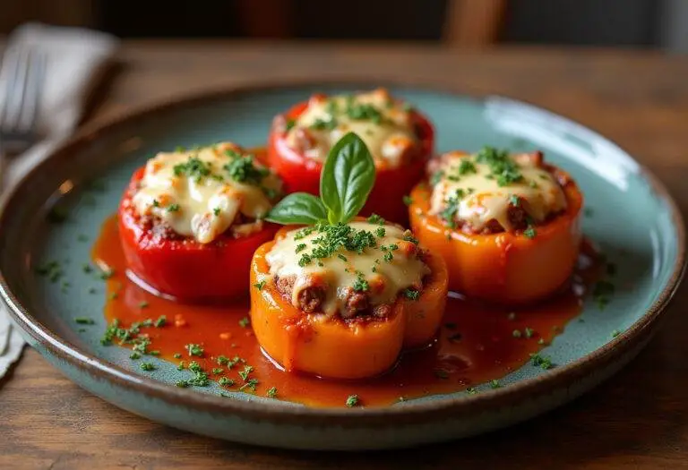 Fertige gefüllte Paprika mit Käse und Kräutern, perfekt zum Servieren.