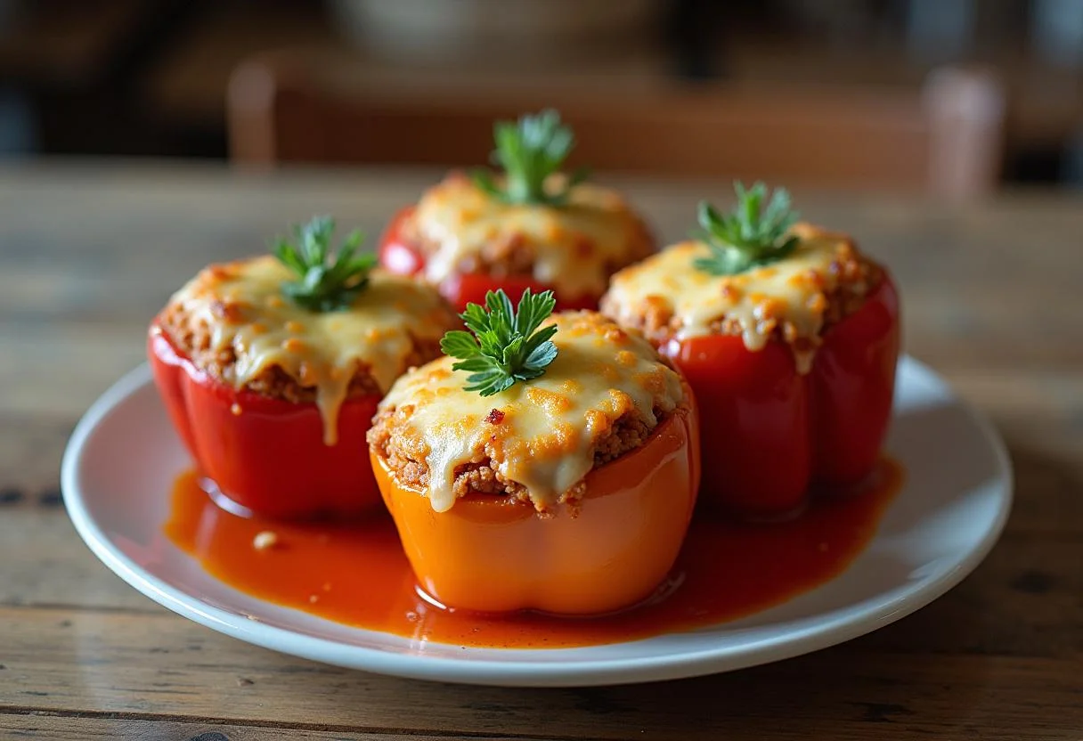 Fertige gefüllte Paprika mit Käse und Kräutern, perfekt zum Servieren.
