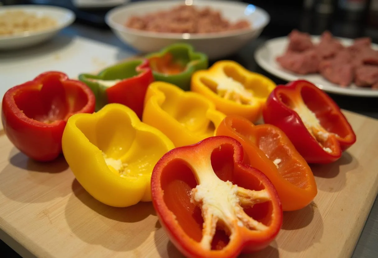 Gefüllte Paprika Zutaten: halbierte Paprika, Reis und Hackfleisch auf einem Holzbrett.