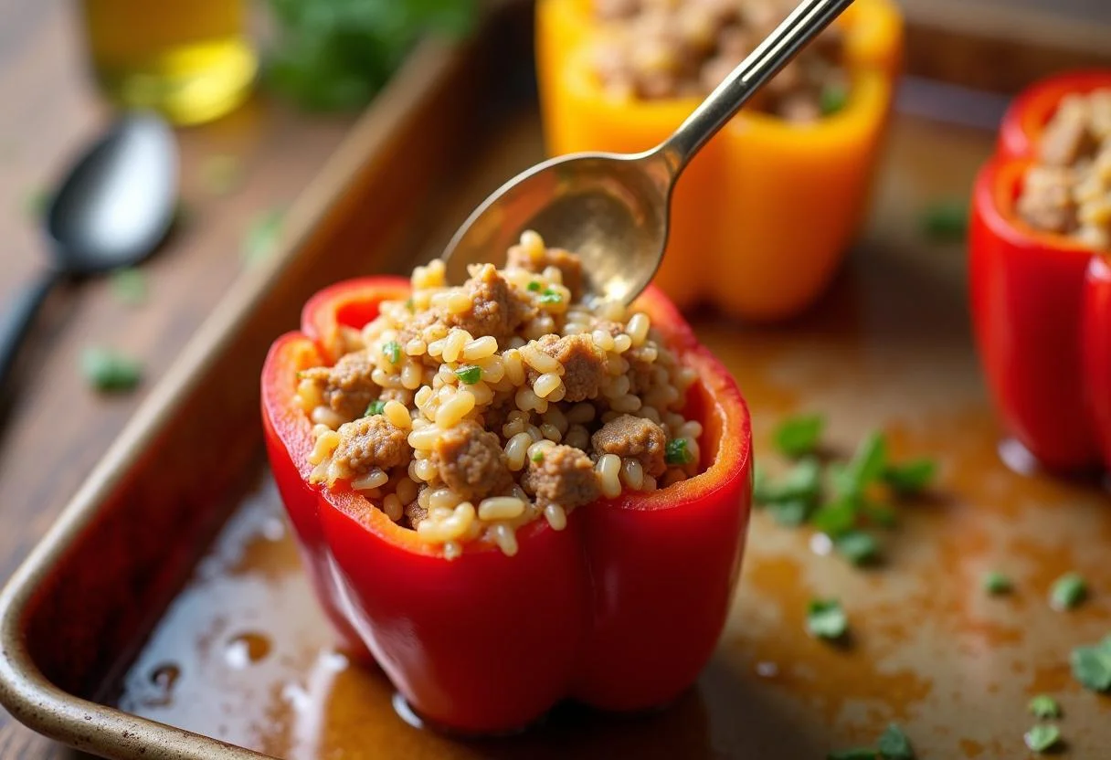 Gefüllte Paprika werden mit einer Mischung aus Hackfleisch und Reis für das Rezept gefüllt.