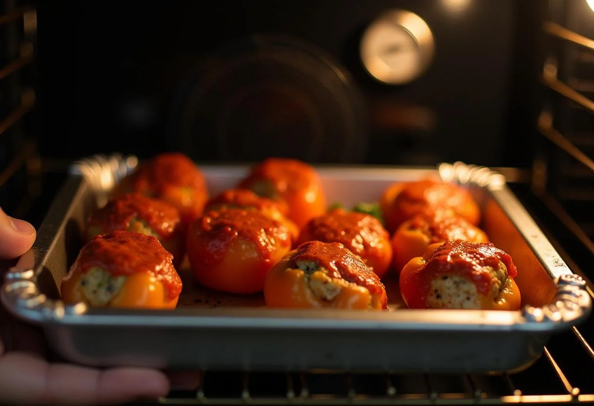Gefüllte Paprika mit Soße werden in den Ofen gestellt für ein einfaches Rezept.