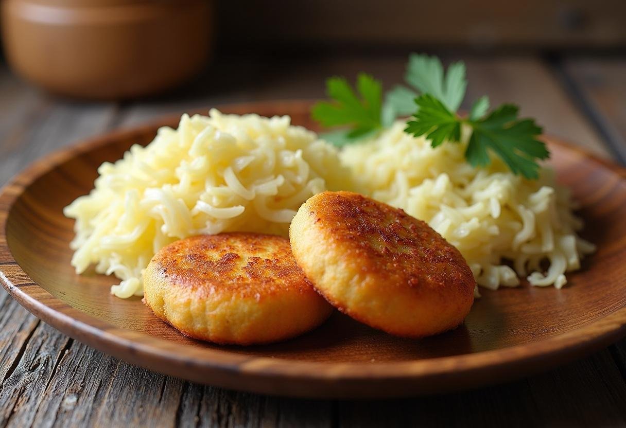 Fertige Pfälzer Saumagenröllchen mit Sauerkraut, traditionell serviert auf einem rustikalen Teller.