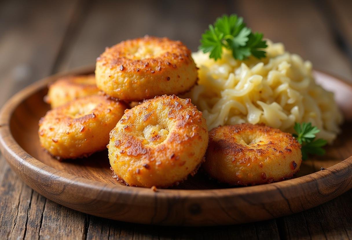 Fertige Pfälzer Saumagenröllchen mit Sauerkraut, traditionell serviert auf einem rustikalen Teller.