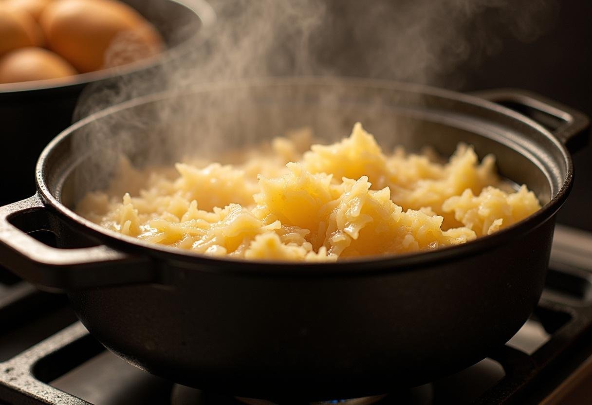 Sauerkraut köchelt in einem Topf für die Beilage zu Pfälzer Saumagenröllchen.