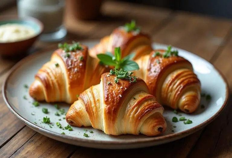 Finished schinken käse croissants on a rustic platter, perfect for a delicious breakfast or snack.