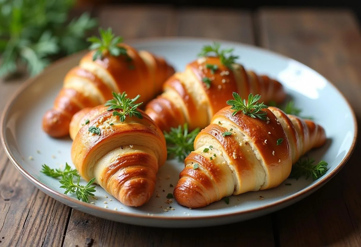 Fertige Schinken-Käse-Croissants auf einer rustikalen Platte, perfekt für ein leckeres Frühstück oder einen Snack.