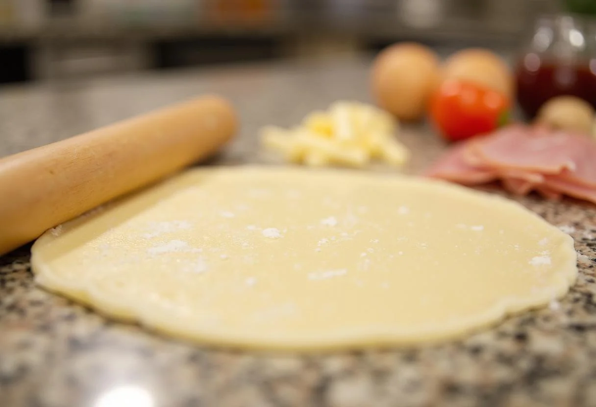 Ausgerollter Blätterteig zur Vorbereitung von Schinken-Käse-Croissants.