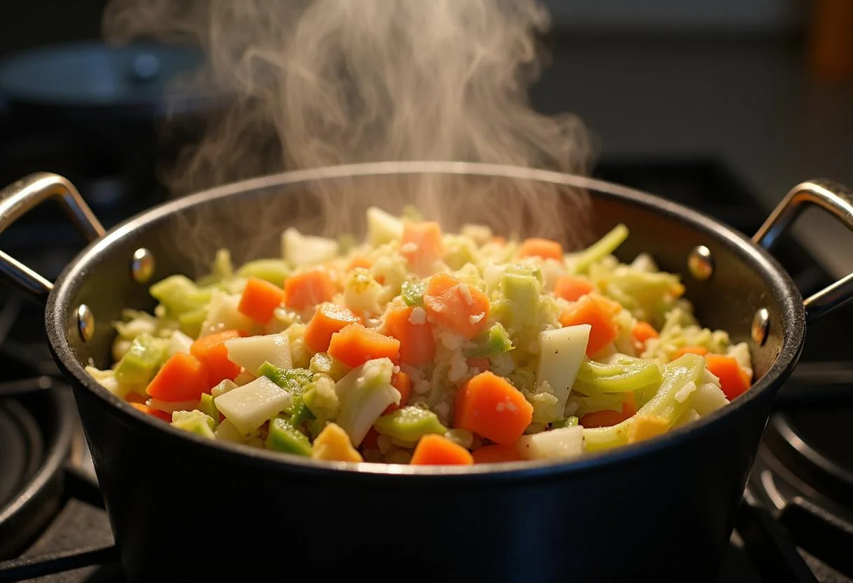 Gemüse wird in einem großen Topf für leichte Bigos mit Fleisch und Gemüse angebraten.