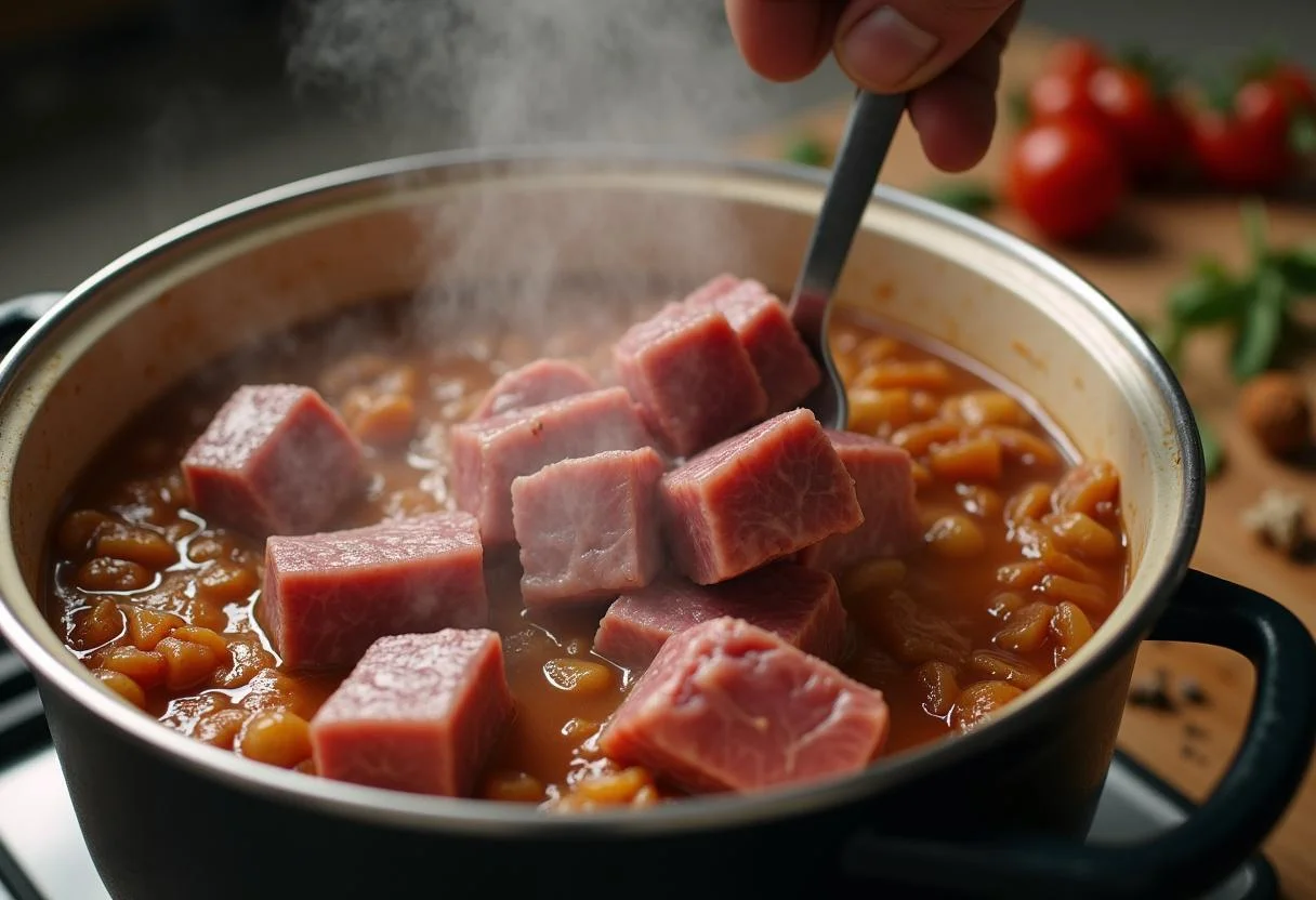 Fleischstücke werden zum Gemüse in den Topf für leckeren Bigos hinzugefügt.