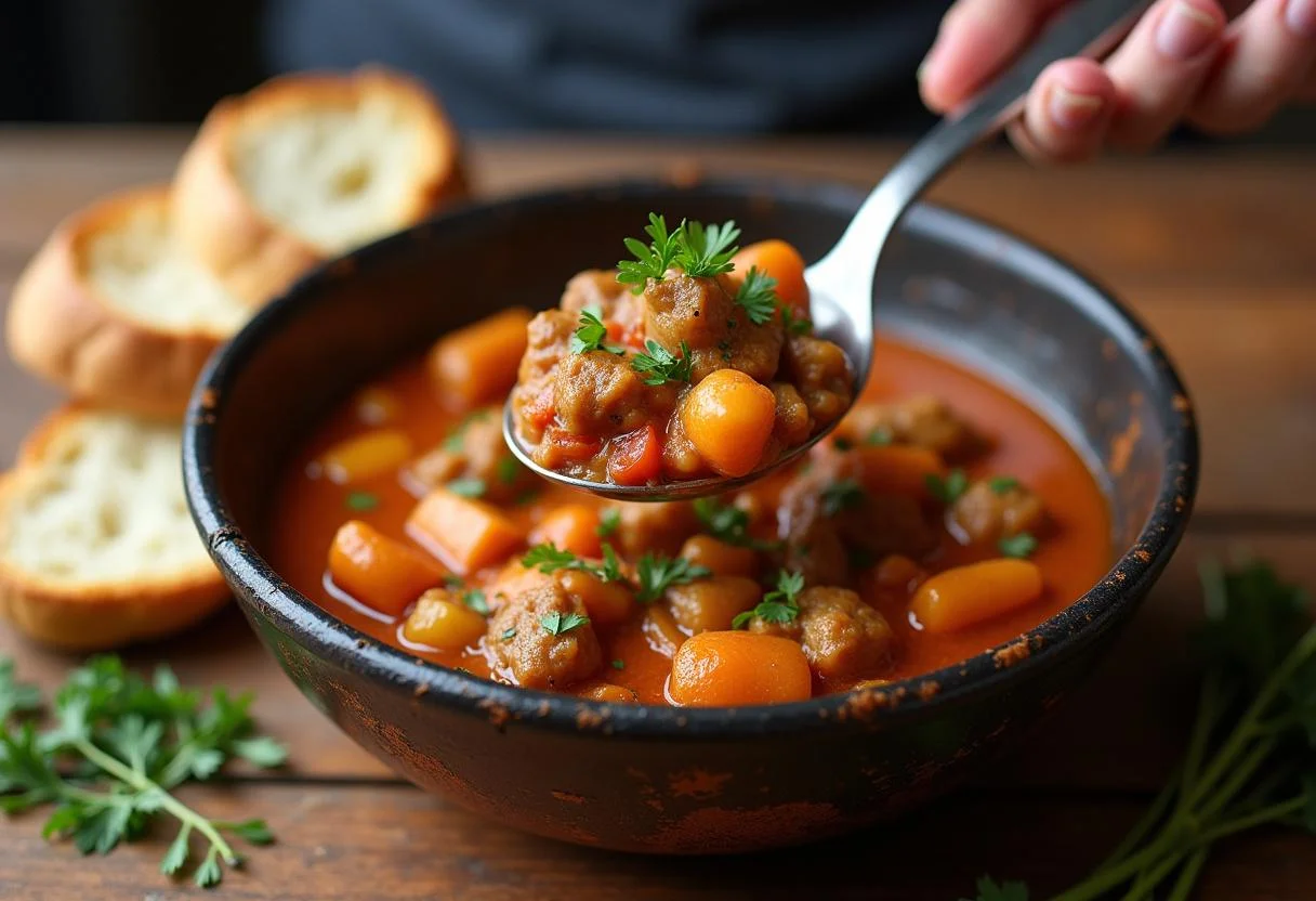 Bigos mit Gemüse und Fleisch wird in eine Schüssel serviert, bereit zum Genießen.