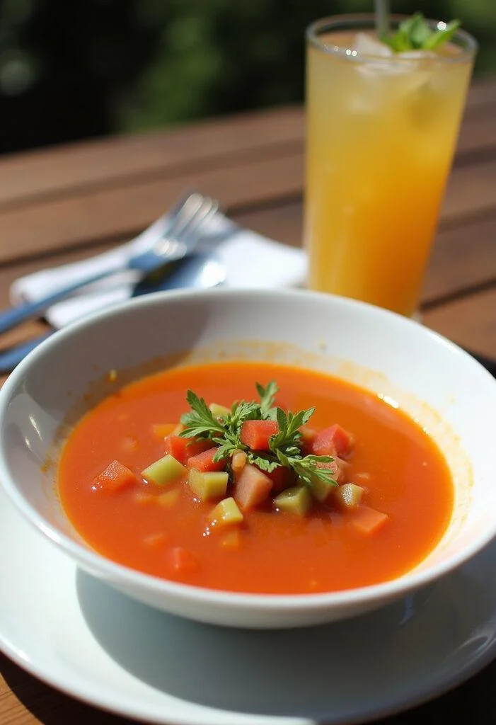 Fertige leichte Gazpacho, perfekt serviert für den Sommergenuss.
