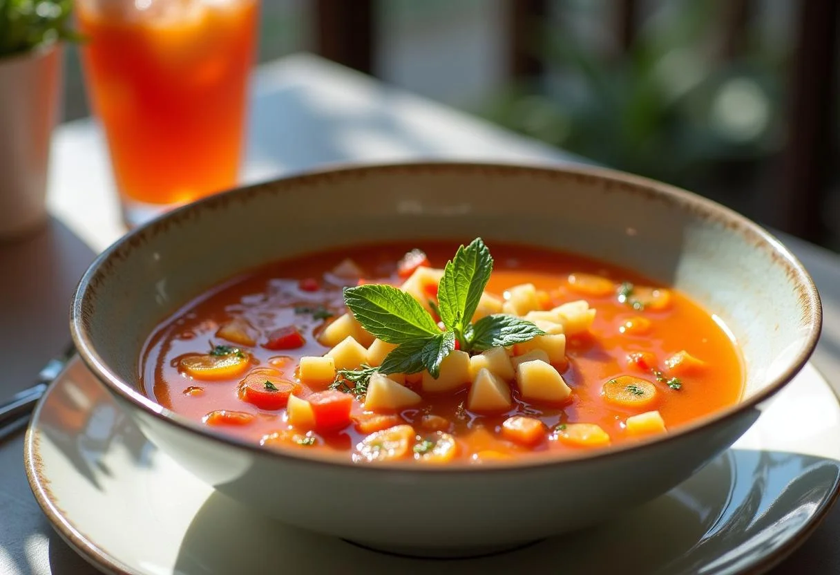 Fertige leichte Gazpacho, perfekt serviert für den Sommergenuss.
