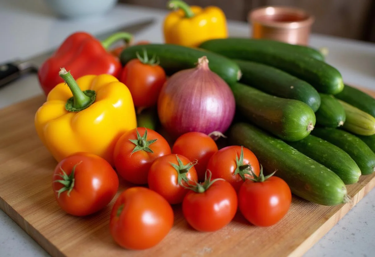 Frische Gemüsezutaten für leichte Gazpacho auf einem Schneidebrett vorbereitet.