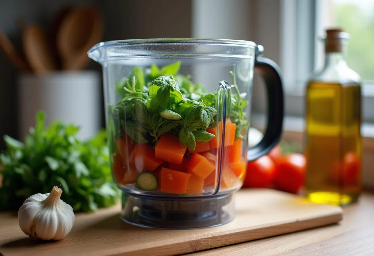 Gemüse zum Mixen für die leicht Gazpacho in einem Mixer bereitgestellt.