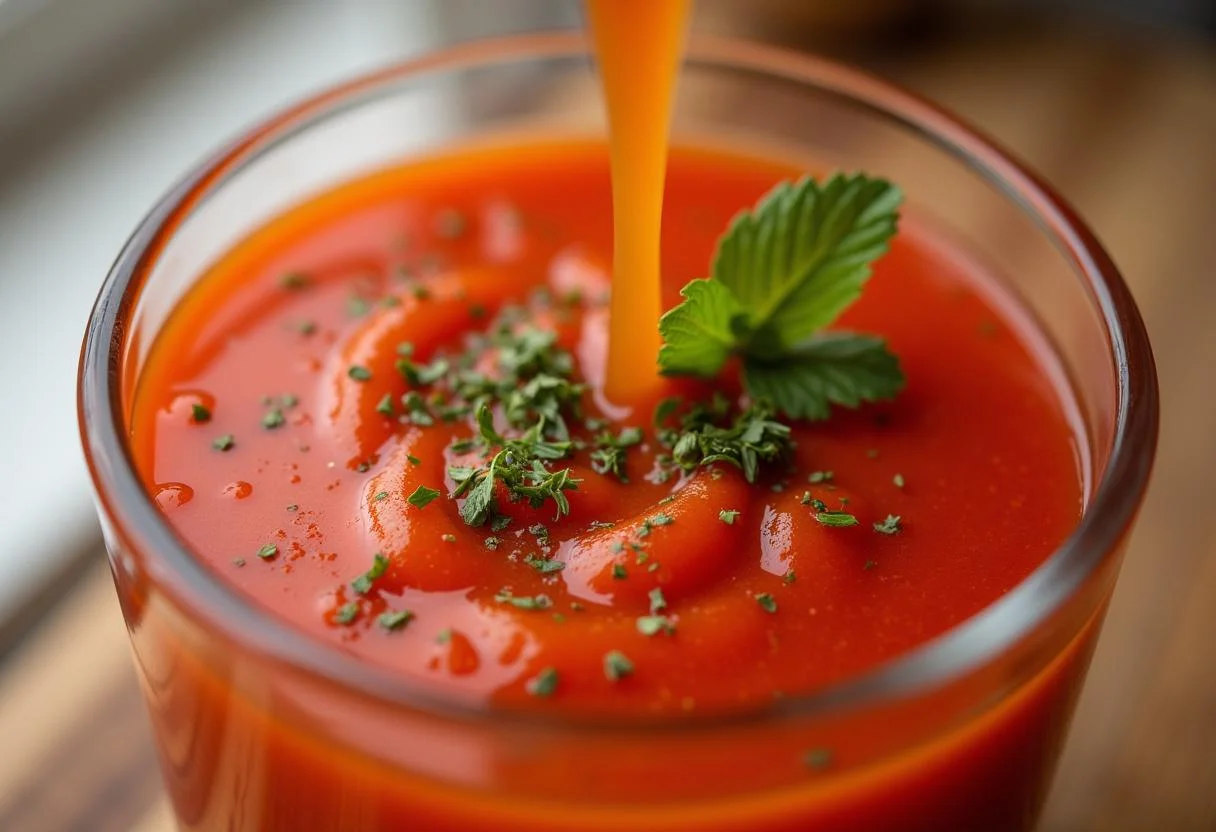 Verkostung der leichten Gazpacho in einer Schüssel mit frischen Kräutern garniert.