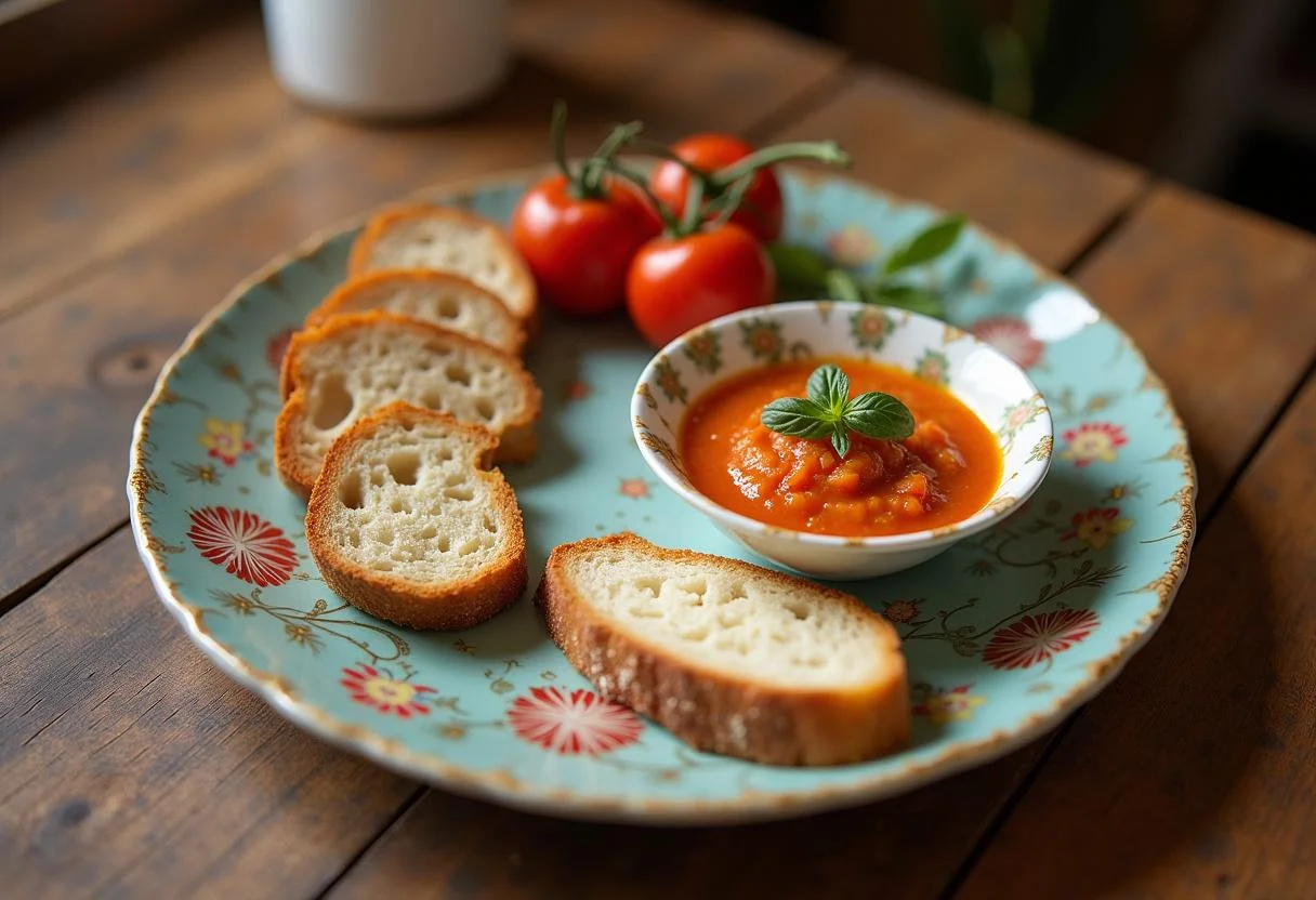 Präsentation der leichten Gazpacho mit Brot und frischen Gemüse auf einem rustikalen Tisch.