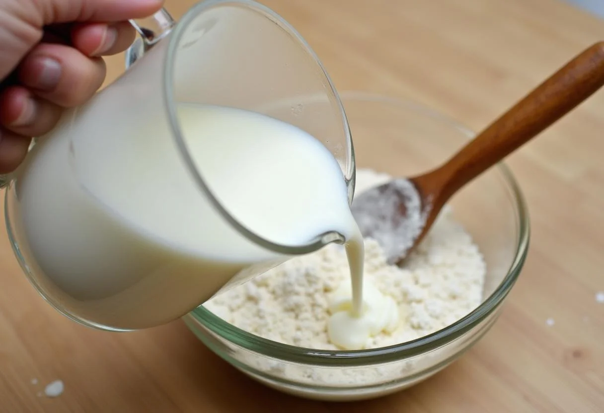 Milch wird in die trockenen Zutaten für die leichte Medizin nach amerikanischer Art gegossen.