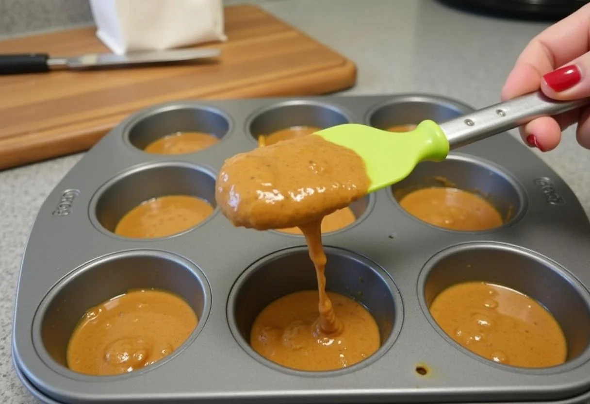 Teig für die leichte Medizin nach amerikanischer Art wird in eine Muffinform gefüllt.