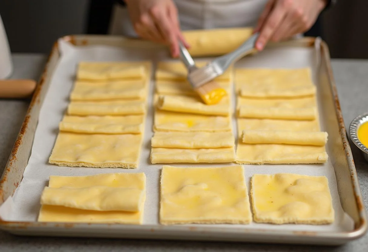 Mit Pilzmischung gefüllte Blätterteigröllchen auf einem Backblech vor dem Backen der leichten Pilzröllchen.