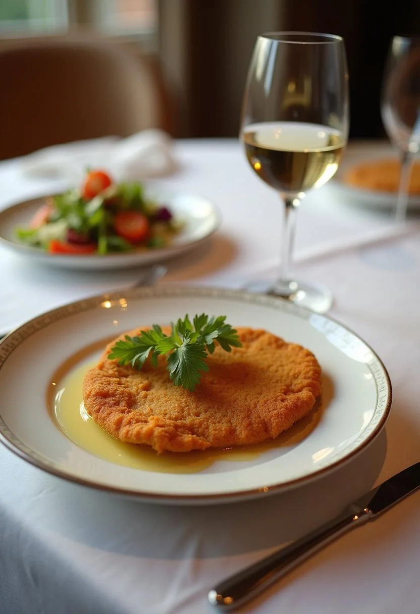 Finished leichte Putenschnitzel served with salad and wine, ideal for a light dinner.