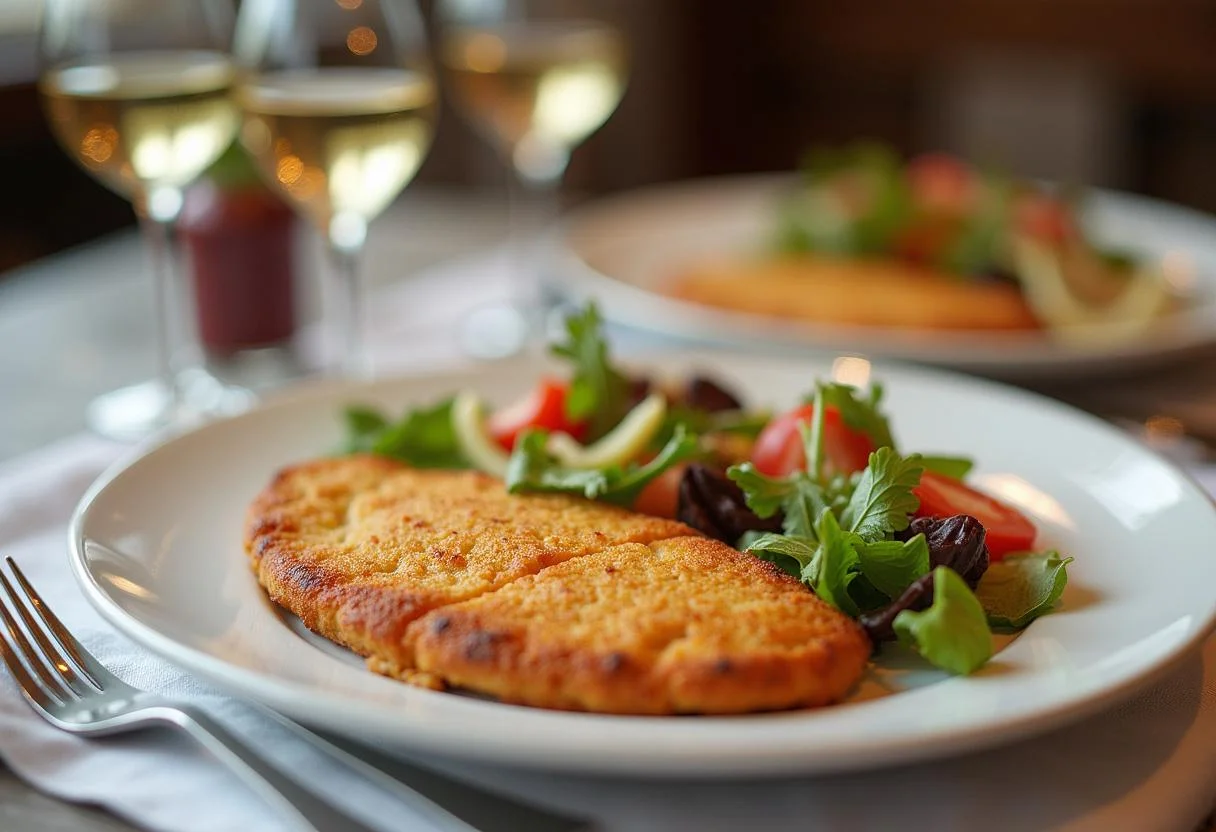 Finished leichte Putenschnitzel served with salad and wine, ideal for a light dinner.