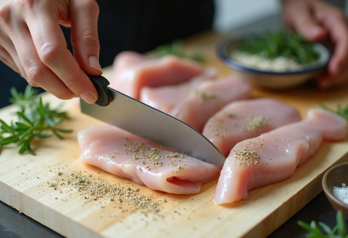 Turkey cutlets being seasoned with fresh herbs for leichte Putenschnitzel.