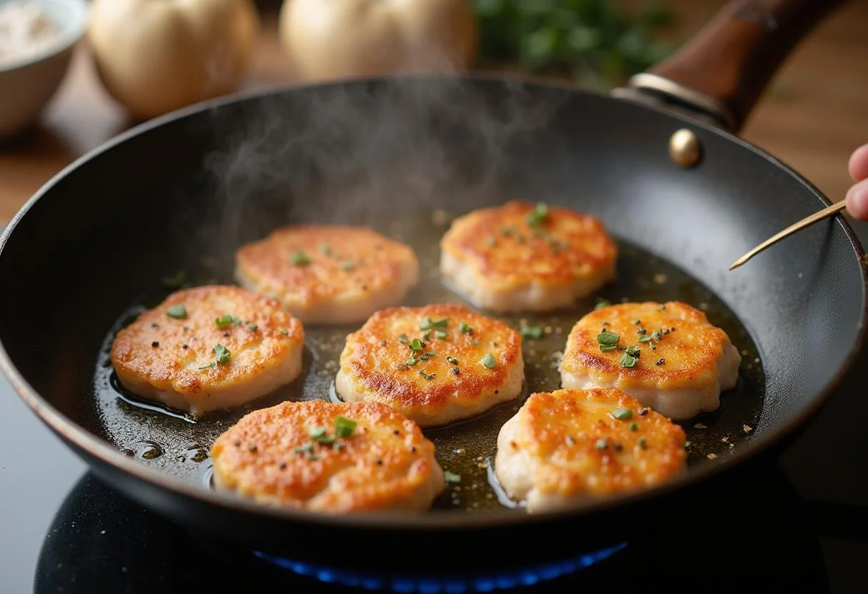Seasoned turkey cutlets cooking in a frying pan for leichte Putenschnitzel.