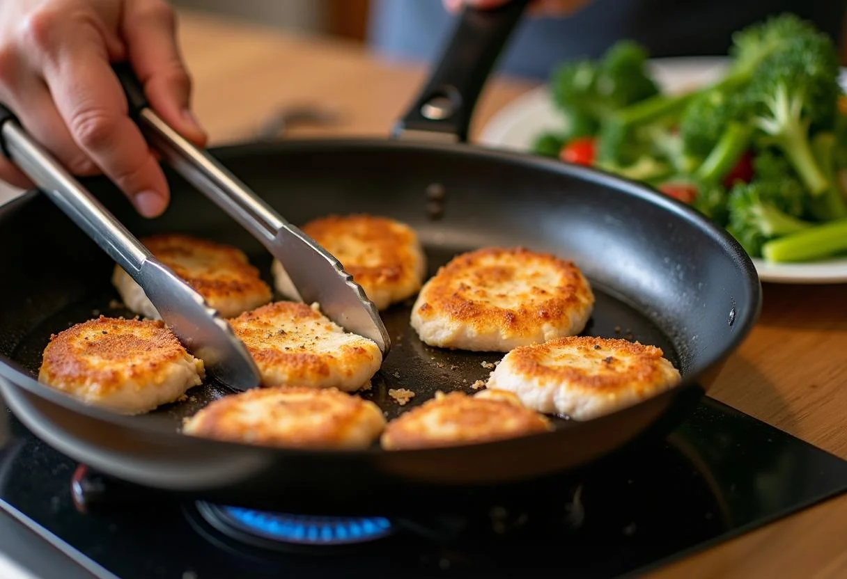 Flipping turkey cutlets in the frying pan for a perfect leichte Putenschnitzel.