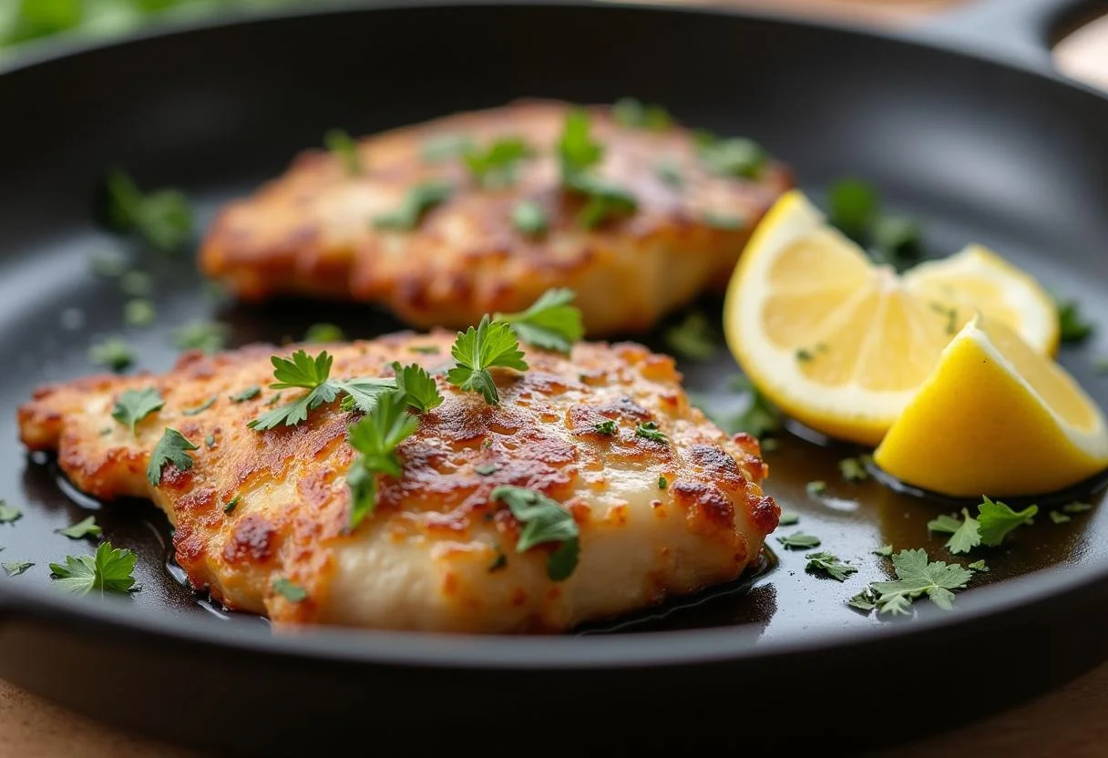 Cooked leichte Putenschnitzel on a plate ready to be served with lemon wedges.