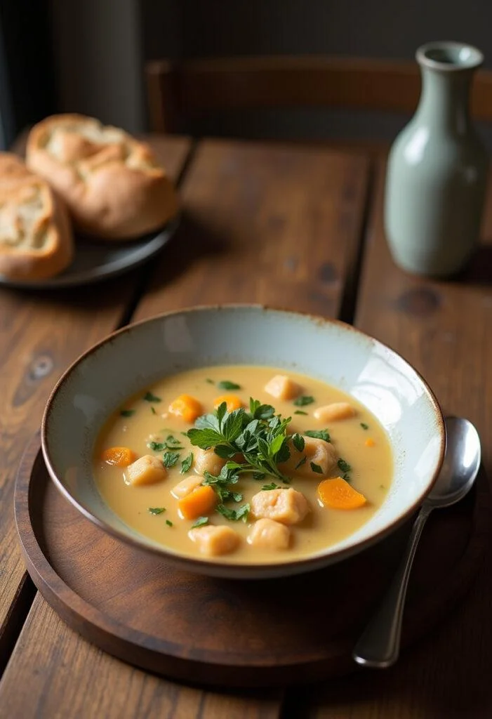 Delicious finished leichte Putensuppe with fresh herbs and bread, perfect for a comforting meal.