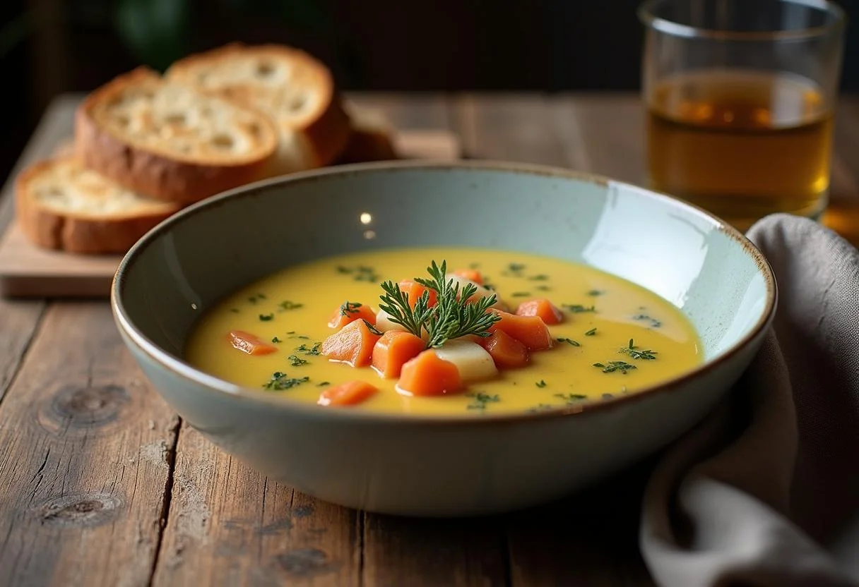 Delicious finished leichte Putensuppe with fresh herbs and bread, perfect for a comforting meal.