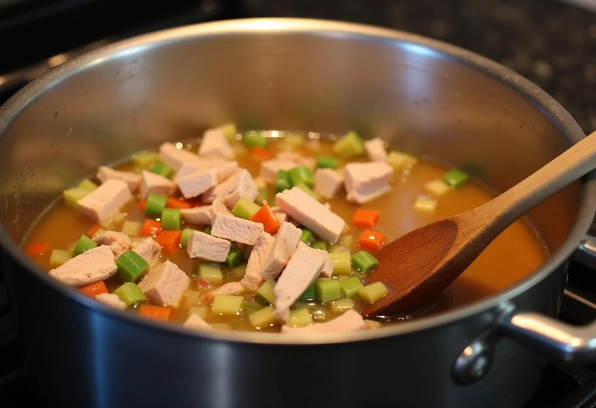 Diced turkey and vegetables simmering in a pot for leichte Putensuppe preparation.