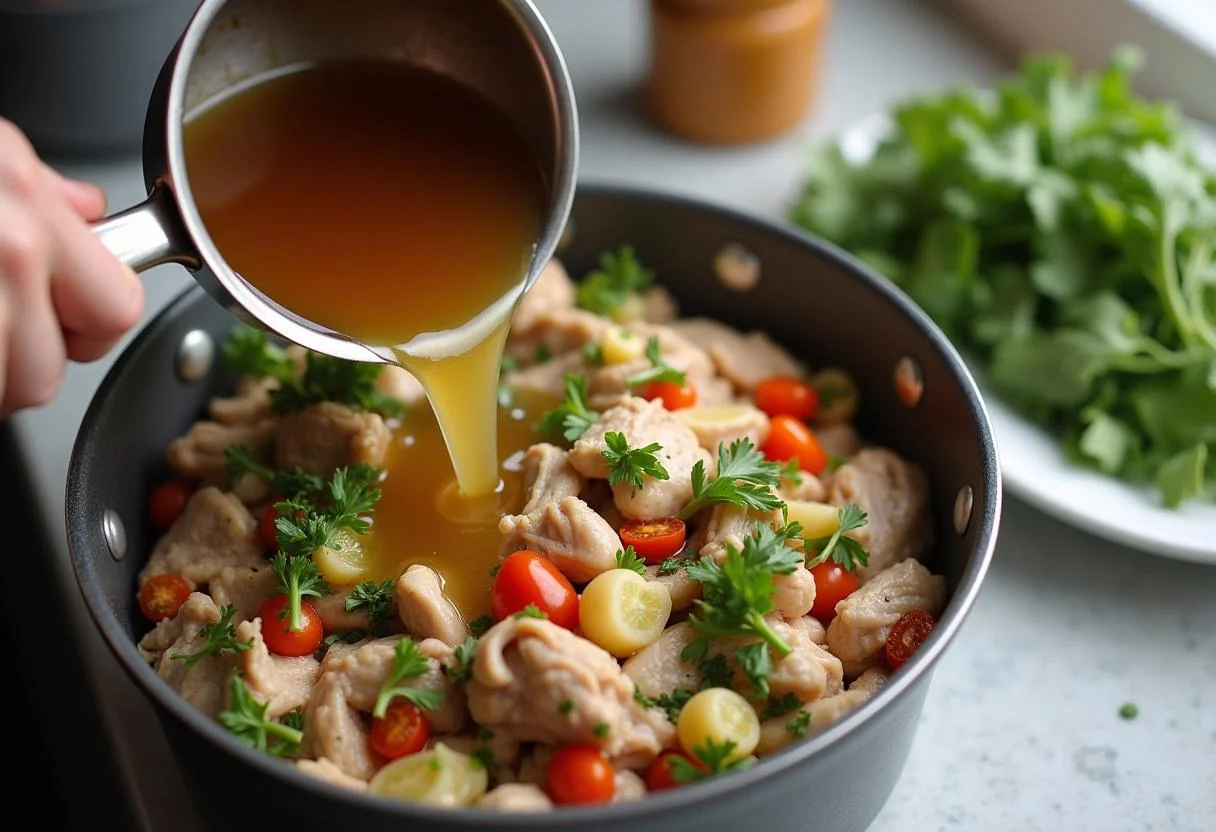 Broth being added to the turkey and vegetable mixture for a flavorful leichte Putensuppe.