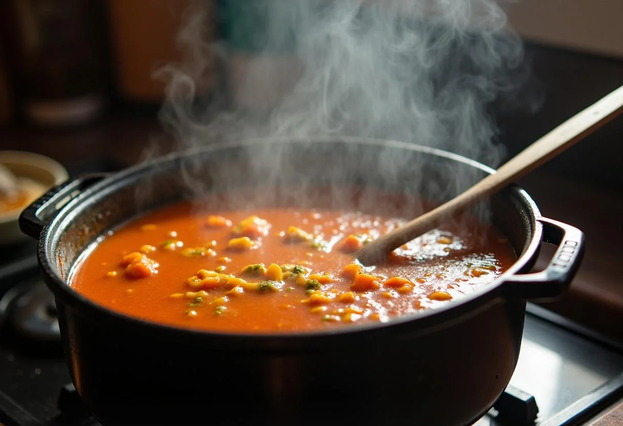 Leichte Putensuppe cooking, showcasing fresh ingredients and rich colors as it bubbles.