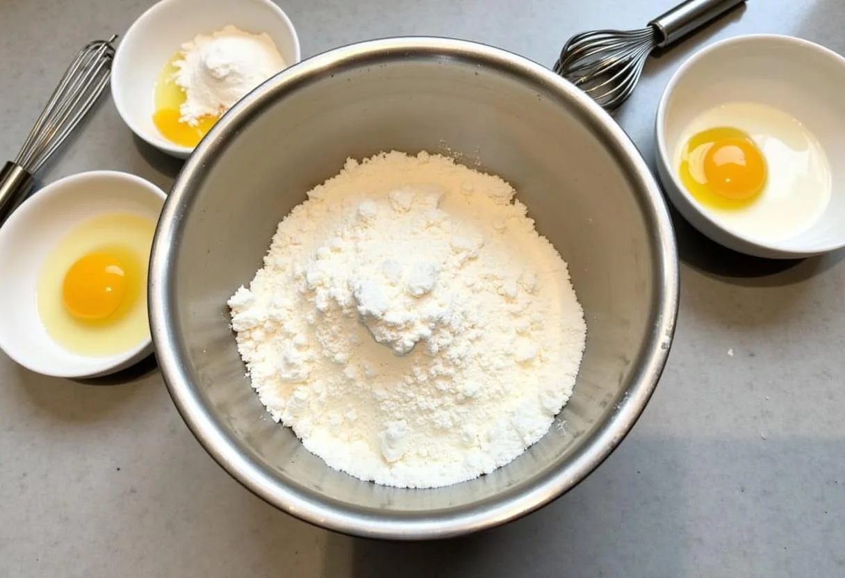 Zutaten für Schmand Kuchen mit Pfirsich auf einem Küchentisch vorbereitet, einschließlich Mehl, Zucker und Schmand.