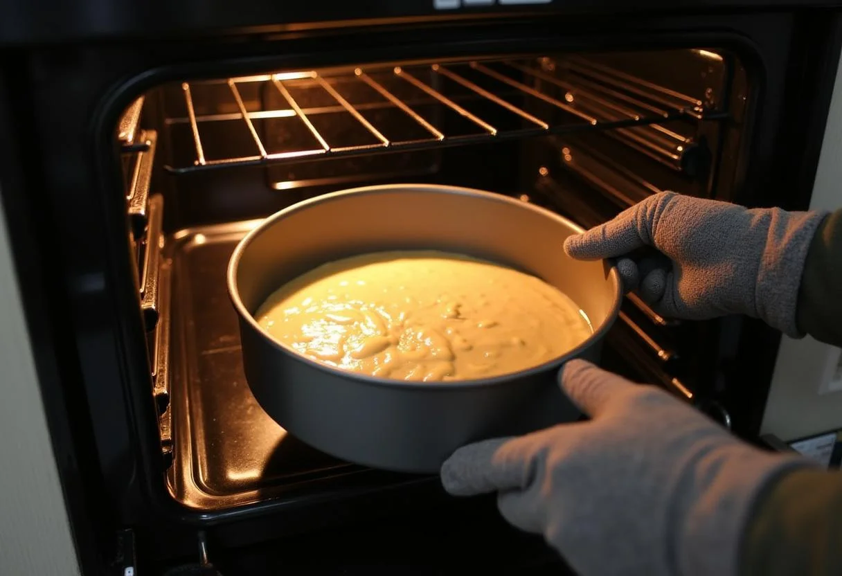 Pfirsich Schmand Kuchen in der Springform wird in den vorgeheizten Ofen geschoben.