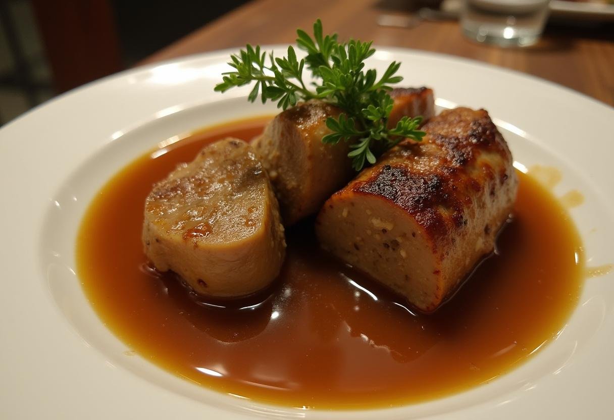 Fertige Rinderrouladen mit köstlicher Füllung und Sauce, servierfertig auf einem Teller.