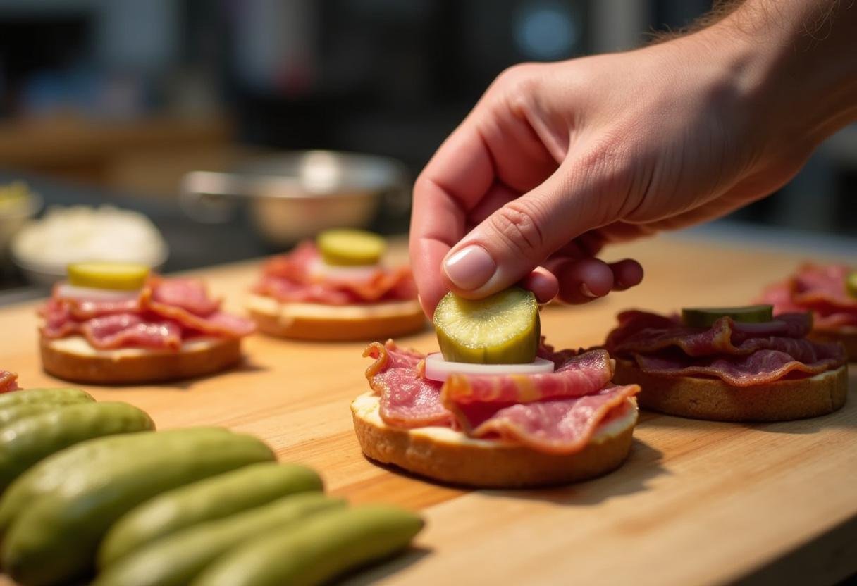 Bacon, Gurke und Zwiebel werden auf die senfbestrichenen Rindfleischscheiben gelegt.