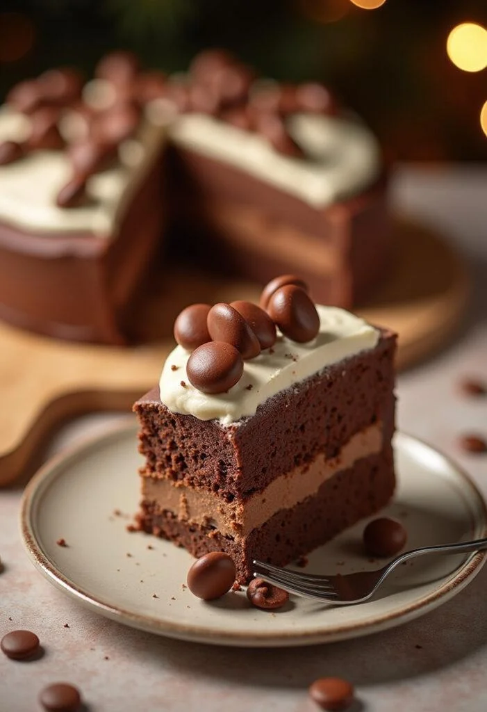 Delicious slice of Maltesers cake with milk chocolate and cream, perfect for any celebration.