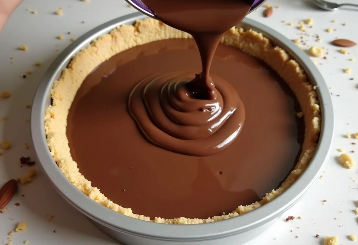 Chocolate mixture being poured over the biscuit crust for Maltesers cake assembly.