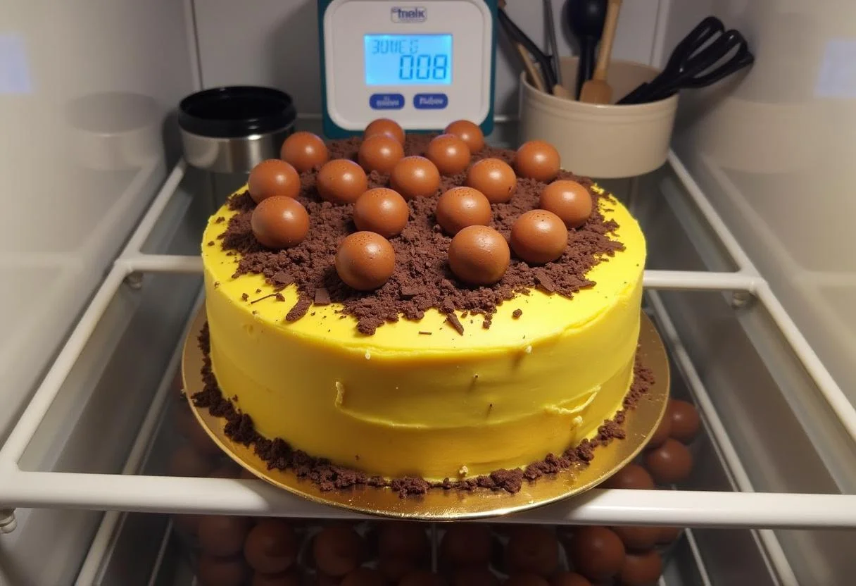 Maltesers cake chilling in the refrigerator, ready to set before serving.